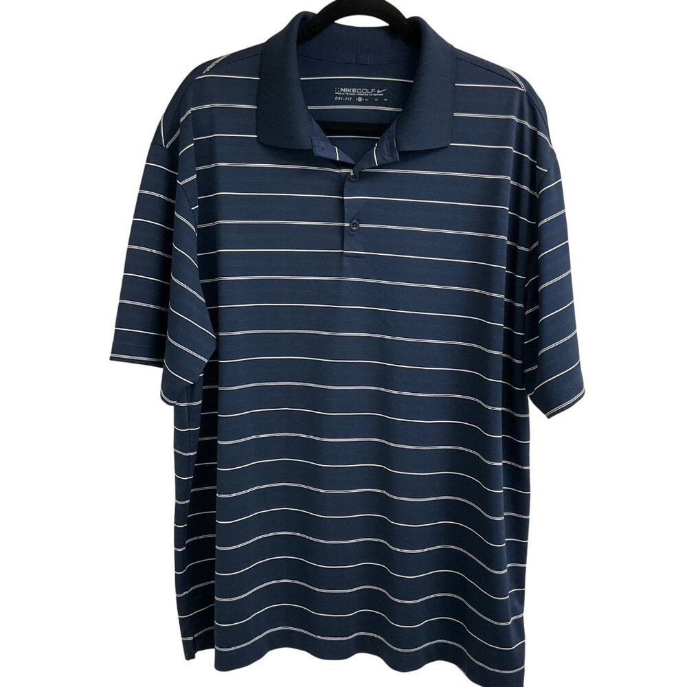 Nike Golf Men's XL Navy Blue & White Striped Dri-Fit Short Sleeve Polo Shirt